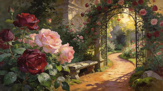 Free Romantic Rose Garden Image - Roses, Garden, Painting | Download at ...