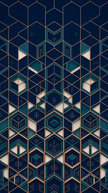 Tesselated Geometric Pattern Deep navy hexagons outlined in thin copper lines create a symmetrical ...