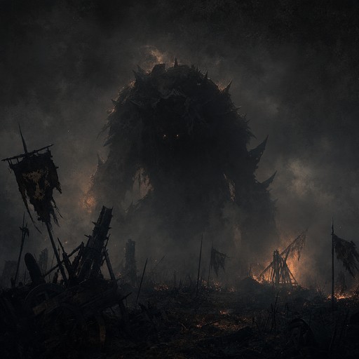 This dark fantasy digital illustration shows a towering horror creature ...