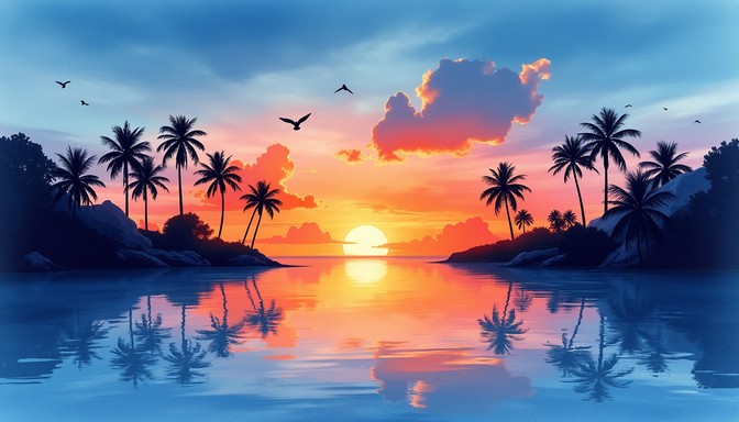 Free Tropical Paradise Sunset Image - Sunset, Tropical, Watercolor ...