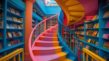 Free Colorful Bookstore Interior Image - Colorful, Bookstore, Staircase ...