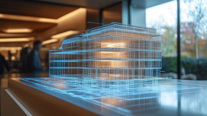 Modelo holográfico de edifício para retrofit de automação predial, mostrando sensores e sistemas integrados