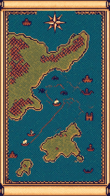 8-bit pixel art illustration of a parchment scroll map with green ...