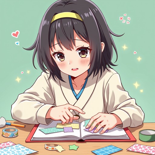 Deeply absorbed in the art of scrapbooking, a character with gleaming ...