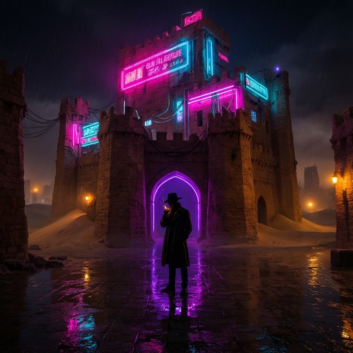 A lone man in a dark trench coat and hat stands before a glowing purple ...
