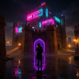 A lone man in a dark trench coat and hat stands before a glowing purple ...
