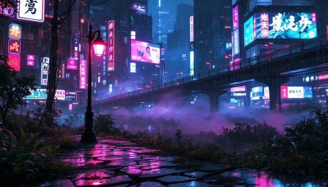Neon Ai Works Free Neon Rain Bench Image - Cyberpunk, Neon, Rainy | Download at StockCake