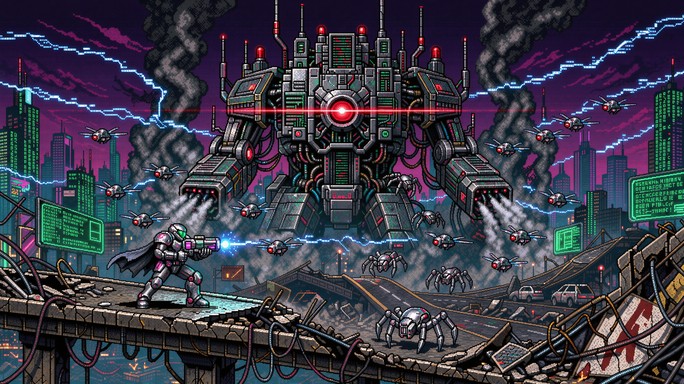 A colorful 16-bit pixel art illustration shows a classic side-scrolling ...