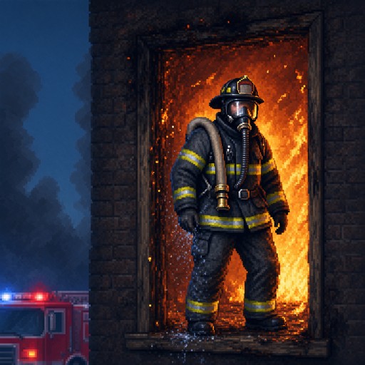 Pixel art illustration of a brave firefighter in a yellow-striped black ...