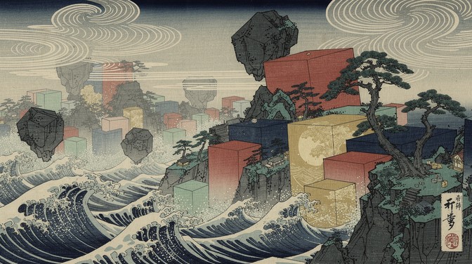 Ukiyo E Rocks Free Floating Button Island Image - Surreal, Ukiyo-e, Button | Download ...