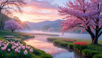 Free Misty Spring Dawn Image - Spring, Sunrise, Blossoms | Download at ...