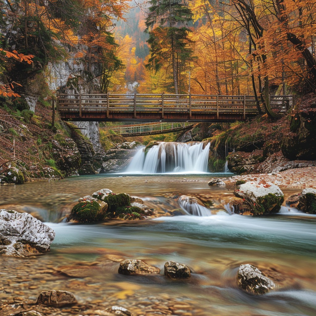 Free Autumn Waterfall Scene Image - Waterfall, Autumn, Bridge ...