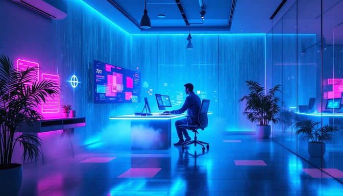 Free Neon Tech Workspace Image - Neon, Technology, Office | Download at ...
