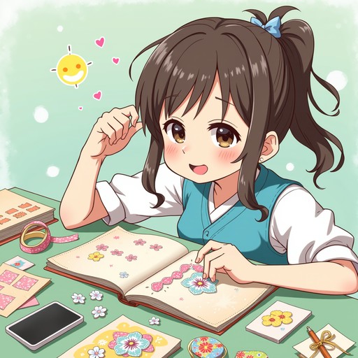 Pink Raft Animated A focused anime character with ponytail crafts a colorful scrapbook ...