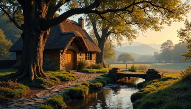 Free Tranquil Woodland Haven Image - Cottage, Thatched, Stream ...