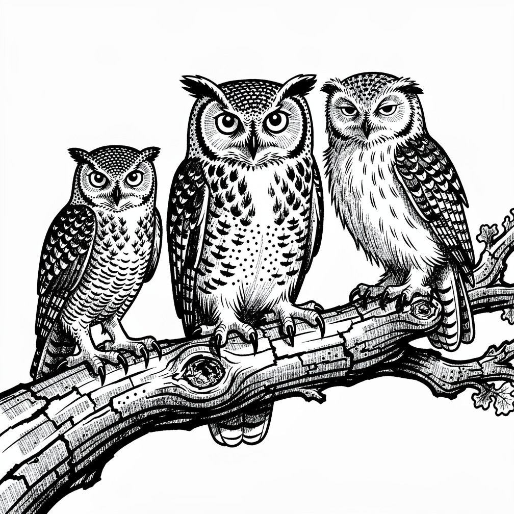 3羽の賢いフクロウの画像をダウンロード - フクロウ, イラスト, インク