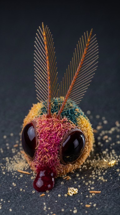 Red Dripper Head This food macro photograph shows a moth head made as a dessert ...