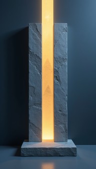 Monolith Menu A minimalist stone monument channels golden light through its center ...