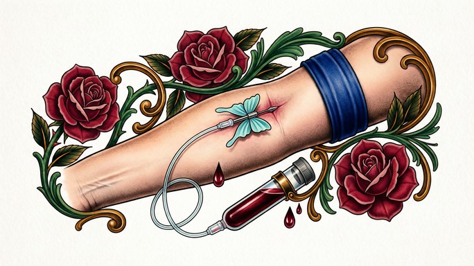 Drawing Blood Sticker Neo-traditional tattoo illustration of a blue-banded forearm with a ...