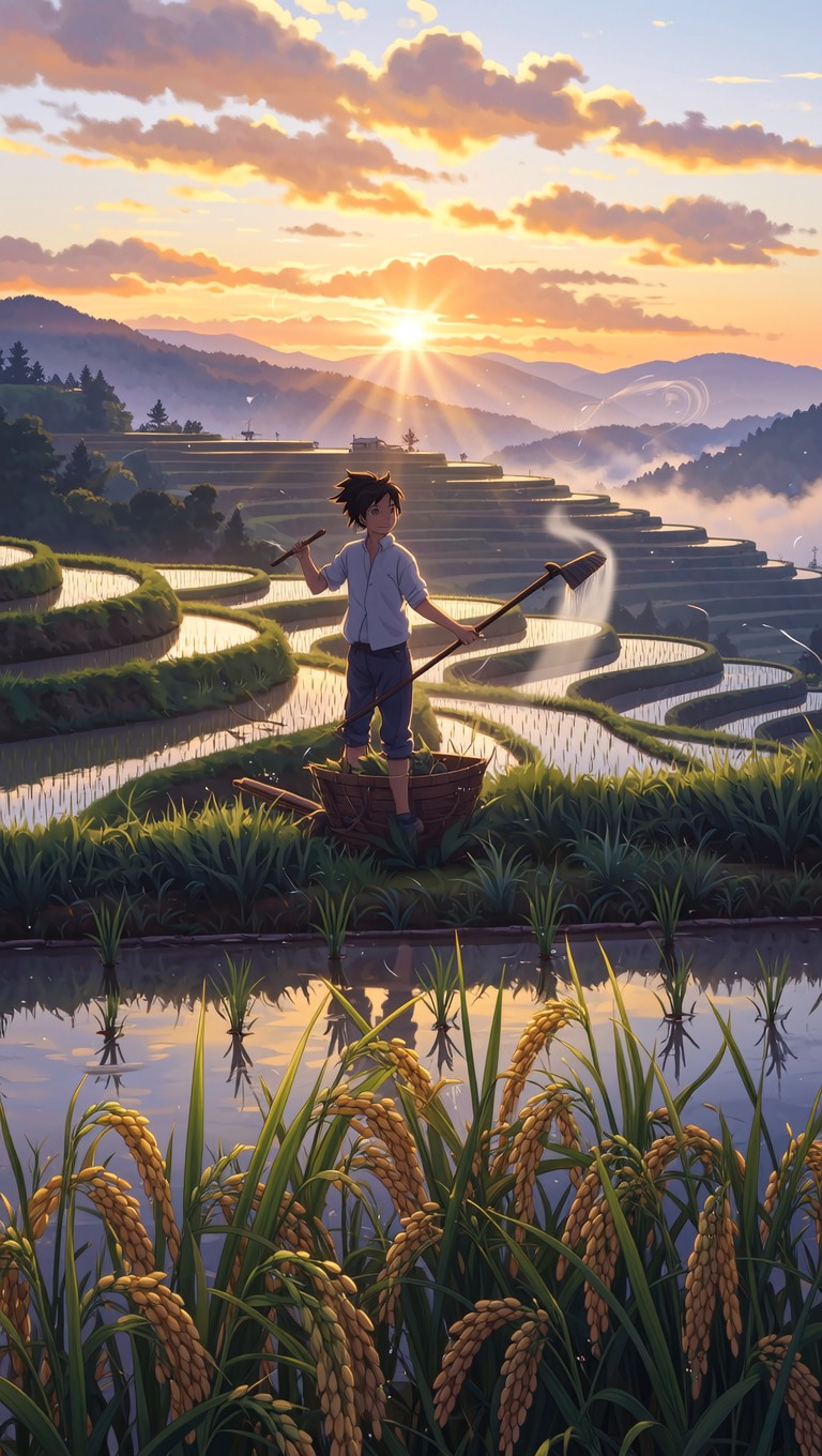 Download Dawn Rice Fields Image - Sunrise, Anime, Rice | StockCake