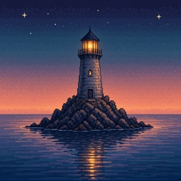 A lone stone lighthouse with a glowing amber lantern stands on a rocky ...