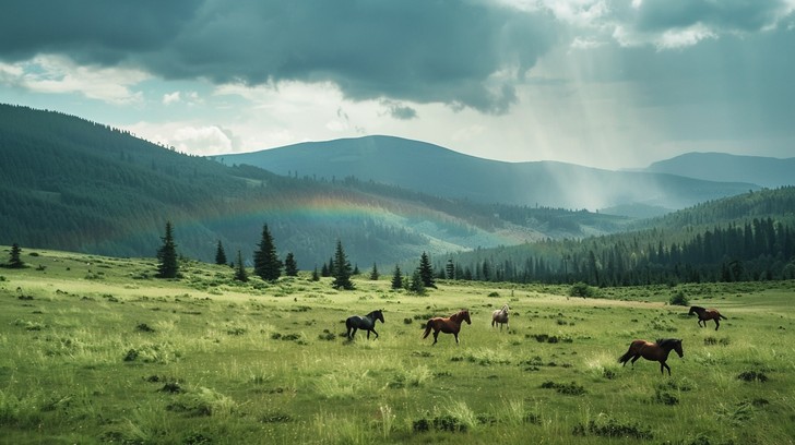Free Horses Grazing Tranquility Image - Horses, Meadow, Rainbow ...