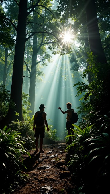 Jungle Guide Dappled rays pierce the verdant canopy, creating a magical moment as ...