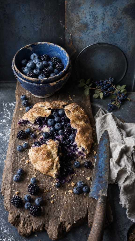Rustic Kinfe A photorealistic food photo shows a golden, flaky blueberry galette on ...