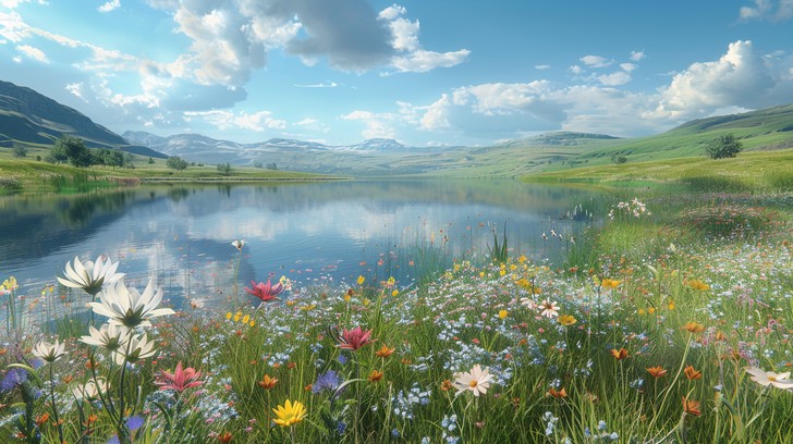 Hiker standing at the edge of a peaceful lake, surrounded by wildflowers