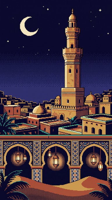 A tall sandstone minaret rises above a sleepy desert city in this 8-bit ...