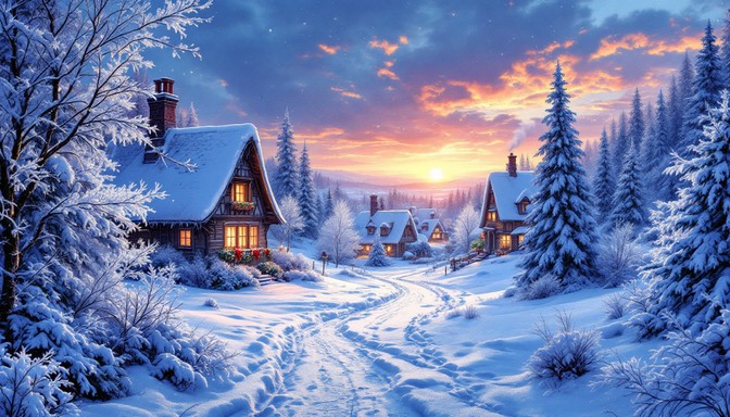 Free Snowy Village Sunset Image - Winter, Snow, Sunset | Download at ...