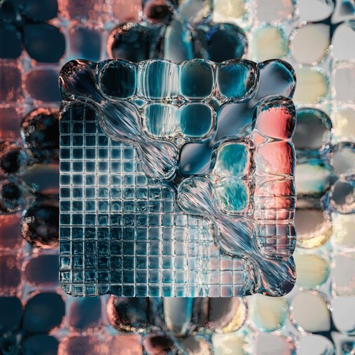Abstract geometric composition features glowing pixel grid dissolving ...