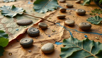 Stone Path Texture Png Weathered paper adorned with smooth stones, delicate green leaves, and ...
