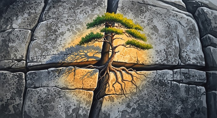 Stone Drawing Icon A lone pine tree grows defiantly from a horizontal crack in a massive ...