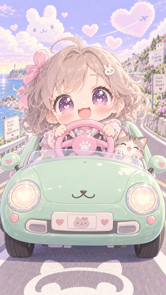 This kawaii chibi anime illustration shows a happy little girl with a ...