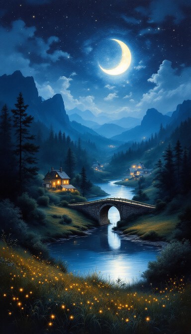 Moon Light Countryside Free Moonlit Village Night Image - Moonlight, River, Bridge | Download ...