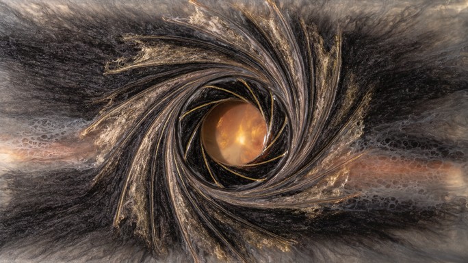 Abstract fluid art vortex with dark charcoal and silver swirls spinning ...