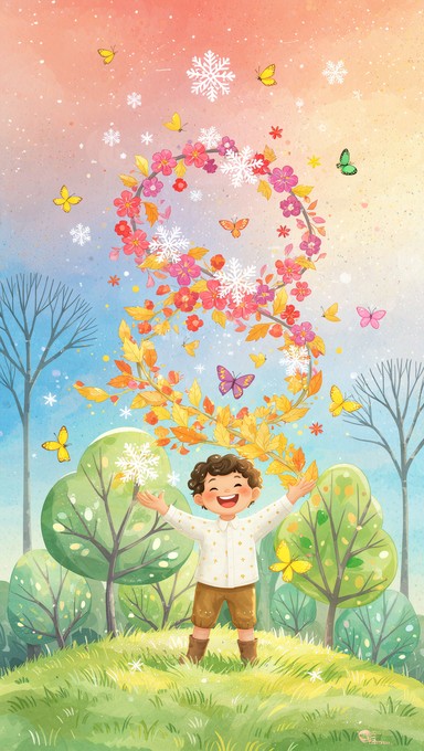 Subtle Fall Colors Background Watercolor storybook illustration shows a happy child in an enchanted ...