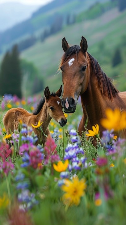 Free Horses Amid Flowers Image - Horses, Flowers, Meadow | Download at ...
