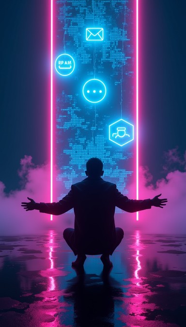 Surrounded by holographic contact icons and vertical neon pink beams, a ...