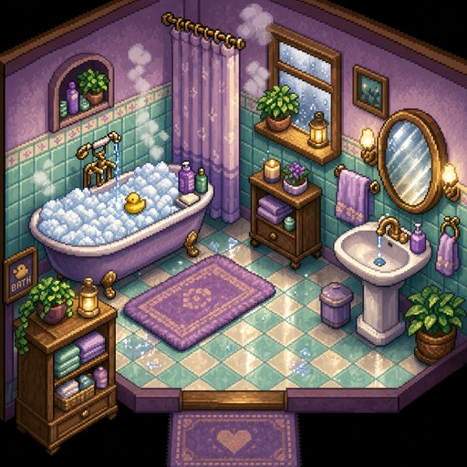 This retro pixel art illustration shows a snug bathroom in a soft ...