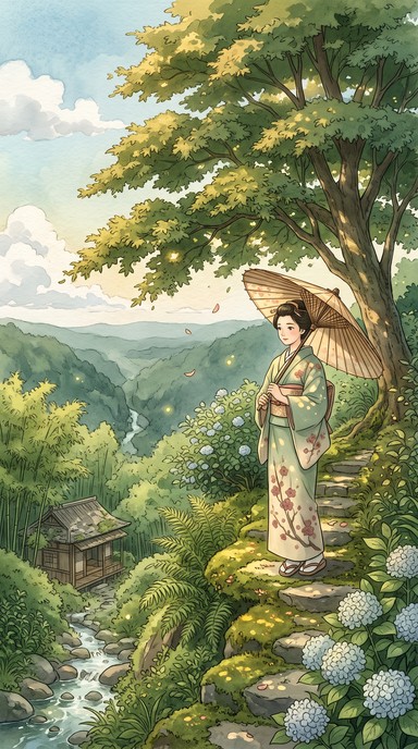 This pastoral anime illustration shows a young woman in a soft sage and ...