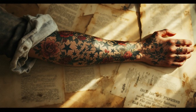 Retro Key Image A stunning American Traditional sleeve tattoo stretches from shoulder ...