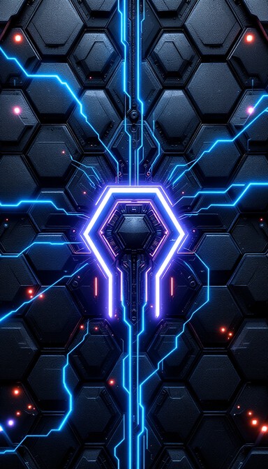 Connection Red Beam Luminous hexagonal panels pulse with electric blue energy, creating a ...