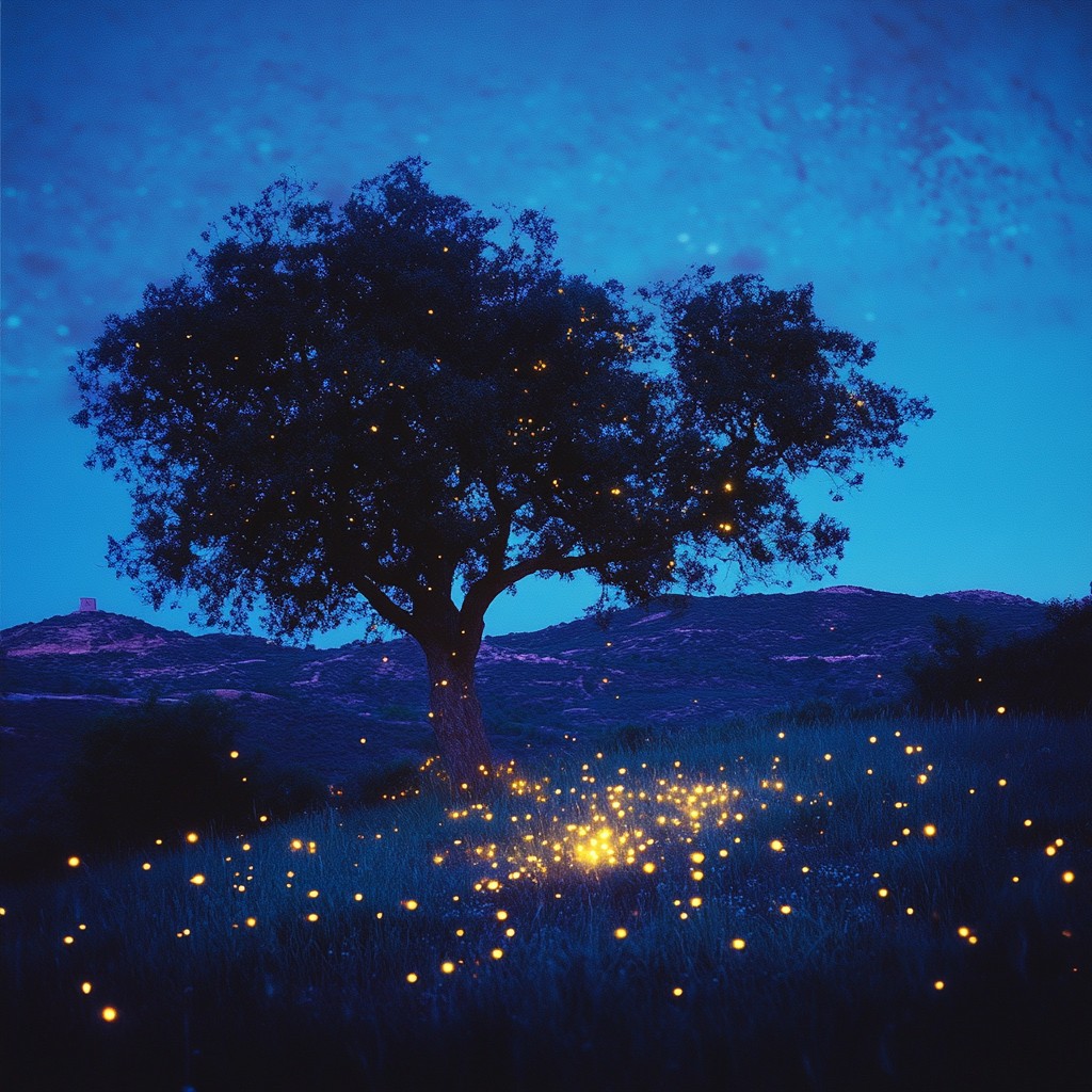 Nigth Tree Free Enchanted Nighttime Landscape Image - Night, Tree, Fireflies ...