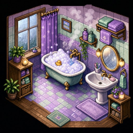 Retro 16-bit pixel art illustration of a cozy lavender and mint ...