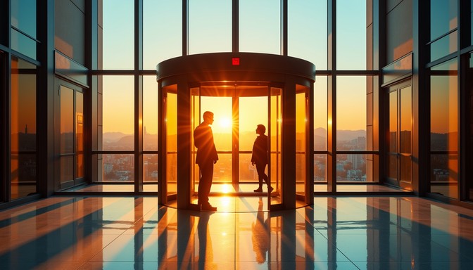 Sundet Line Model A dramatic sunset bathes a sleek glass lobby in golden light as ...