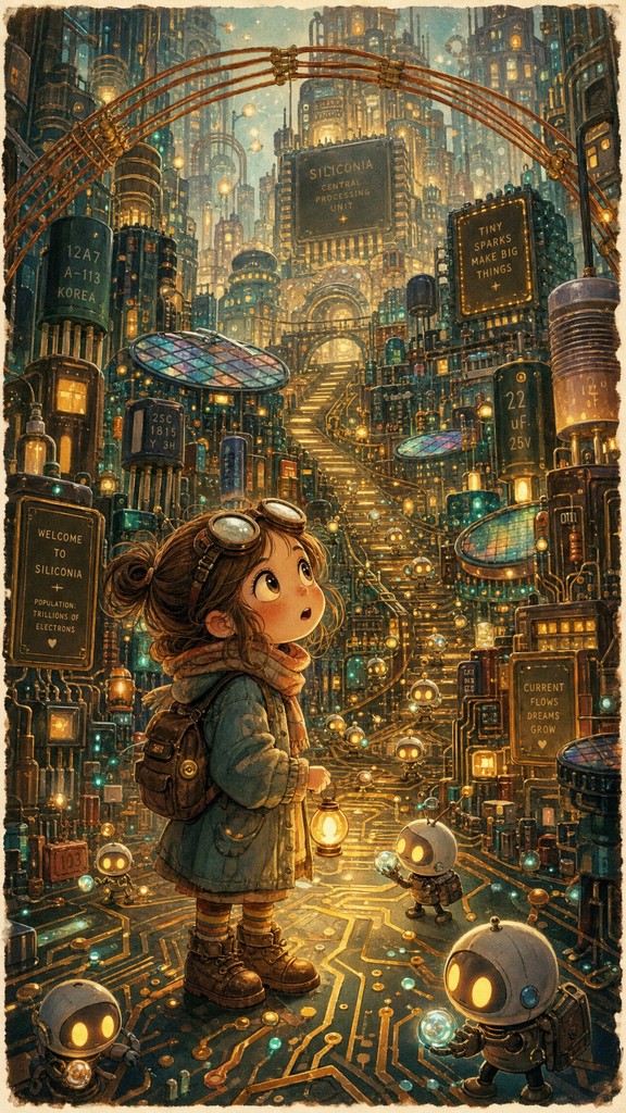 This storybook illustration shows a young girl standing in wonder ...