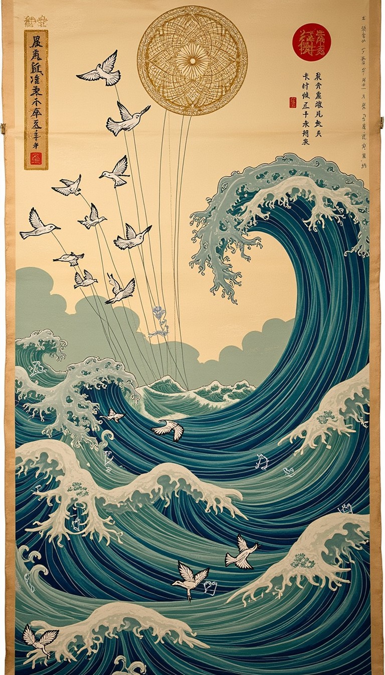 Wave Pattern Bird Frit Download Waves and Birds Image - Ukiyoe, Waves, Birds | StockCake