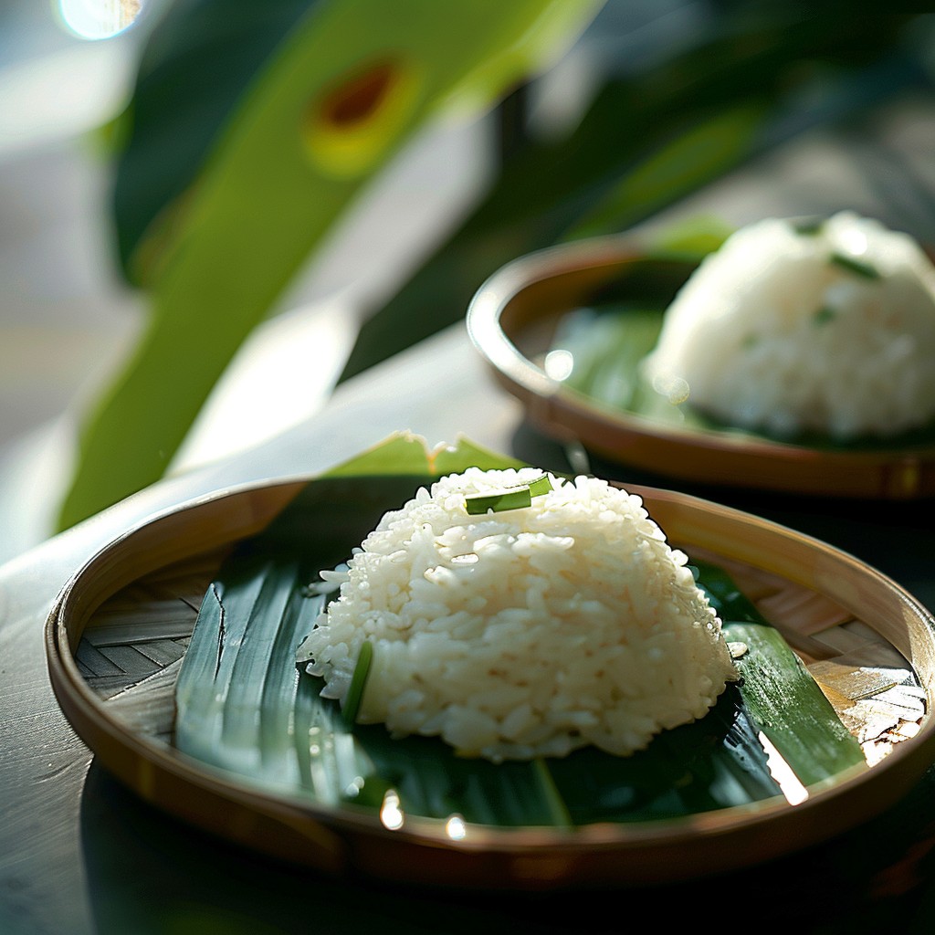 Free Delicious Rice Presentation Image - Rice, Banana Leaf, Wooden ...